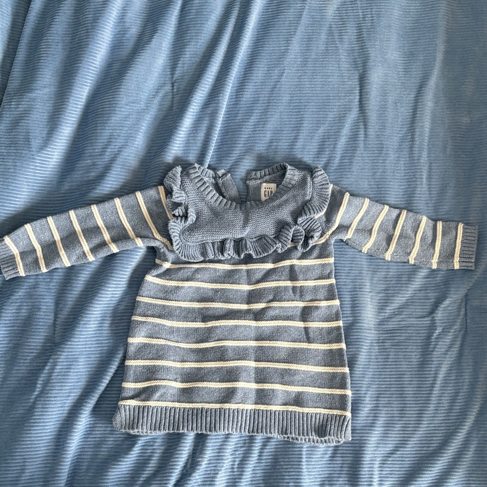 Baby GAP Blue and Cream Striped Ruffle Knit Tunic Sweater
